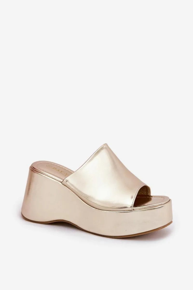 Klapki Na Koturnie|Klapki Na Platformie>Boto Eko Skórzane Klapki Damskie Na Platformie I Koturnie Złote Kisoffi