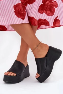 Clearance Boto Eko Skórzane Klapki Damskie Na Platformie I Koturnie Czarne Kisoffi