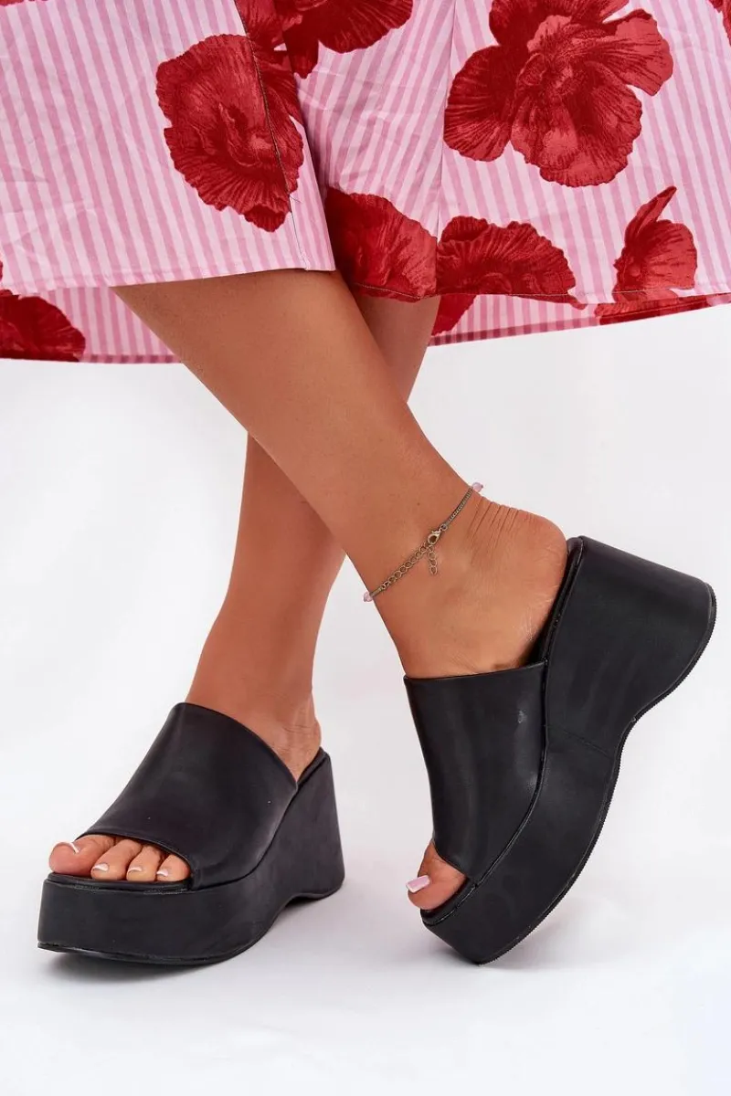 Clearance Boto Eko Skórzane Klapki Damskie Na Platformie I Koturnie Czarne Kisoffi