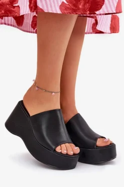 Clearance Boto Eko Skórzane Klapki Damskie Na Platformie I Koturnie Czarne Kisoffi