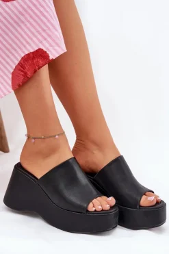 Clearance Boto Eko Skórzane Klapki Damskie Na Platformie I Koturnie Czarne Kisoffi