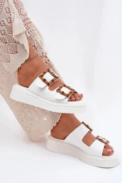 Discount Eko Skórzane Klapki Damskie Na Platformie Z Klamrami Białe Xanivia Damskie Klapki Na Platformie|Klapki Damskie Klasyczne