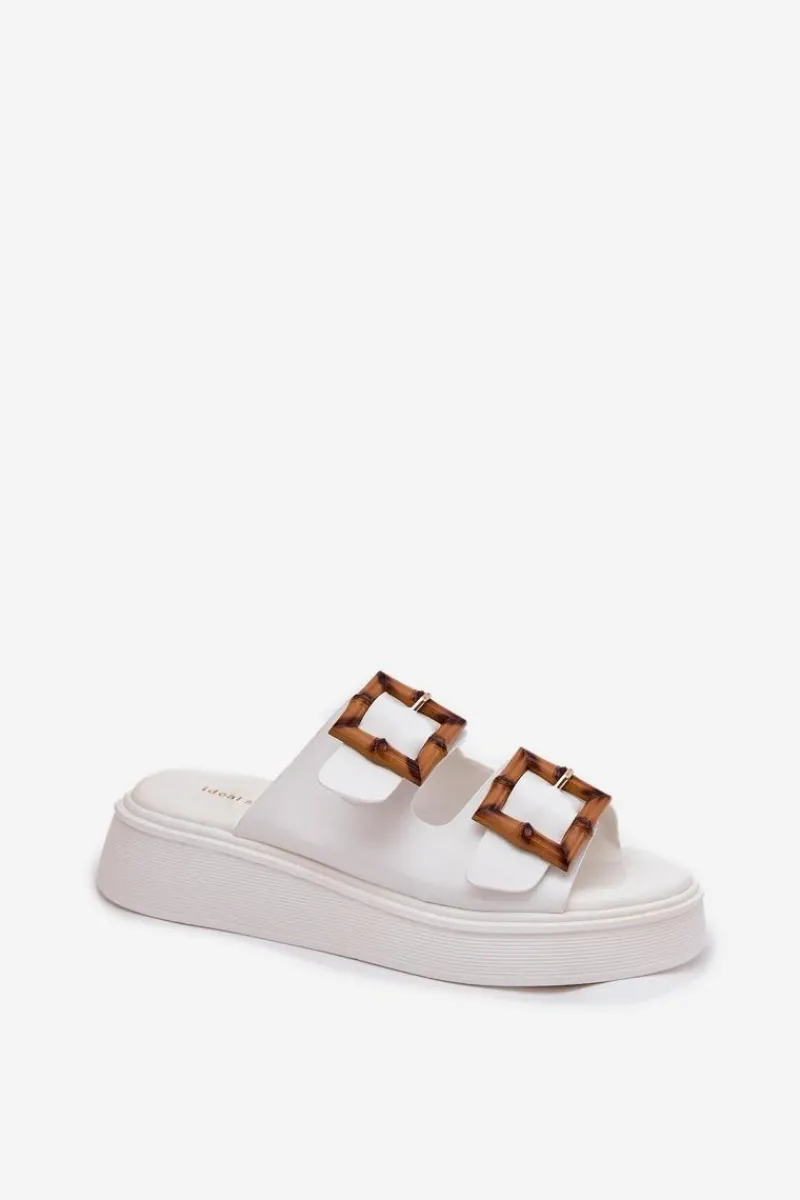 Discount Eko Skórzane Klapki Damskie Na Platformie Z Klamrami Białe Xanivia Damskie Klapki Na Platformie|Klapki Damskie Klasyczne