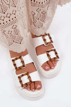 Discount Eko Skórzane Klapki Damskie Na Platformie Z Klamrami Białe Xanivia Damskie Klapki Na Platformie|Klapki Damskie Klasyczne