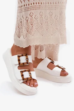 Discount Eko Skórzane Klapki Damskie Na Platformie Z Klamrami Białe Xanivia Damskie Klapki Na Platformie|Klapki Damskie Klasyczne