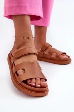 Hot Eko Skórzane Klapki Damskie Na Rzep Camel Silaka Damskie Klapki Na Platformie|Klapki Damskie Klasyczne