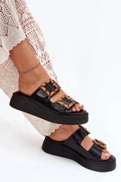 Hot Eko Skórzane Klapki Damskie Na Platformie Z Klamrami Czarne Xanivia Damskie Klapki Na Platformie|Klapki Damskie Klasyczne