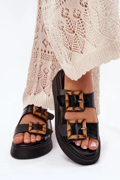 Hot Eko Skórzane Klapki Damskie Na Platformie Z Klamrami Czarne Xanivia Damskie Klapki Na Platformie|Klapki Damskie Klasyczne