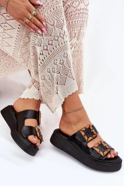 Hot Eko Skórzane Klapki Damskie Na Platformie Z Klamrami Czarne Xanivia Damskie Klapki Na Platformie|Klapki Damskie Klasyczne