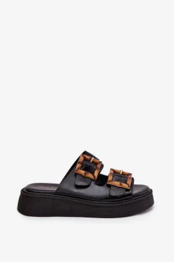 Hot Eko Skórzane Klapki Damskie Na Platformie Z Klamrami Czarne Xanivia Damskie Klapki Na Platformie|Klapki Damskie Klasyczne