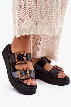 Hot Eko Skórzane Klapki Damskie Na Platformie Z Klamrami Czarne Xanivia Damskie Klapki Na Platformie|Klapki Damskie Klasyczne