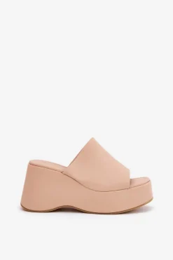 Outlet Boto Eko Skórzane Klapki Damskie Na Platformie I Koturnie Beżowe Kisoffi Beżowy