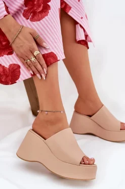 Outlet Boto Eko Skórzane Klapki Damskie Na Platformie I Koturnie Beżowe Kisoffi Beżowy