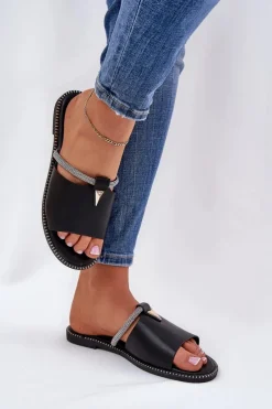 Klapki Damskie Klasyczne>Boto Eko Skórzane Klapki Na Płaskim Obcasie Z Ozdobnym Paseczkiem Czarne Hirtewi