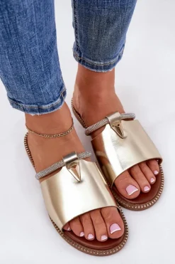 Boto Eko Skórzane Klapki Na Płaskim Obcasie Z Ozdobnym Paseczkiem Złote Hirtewi