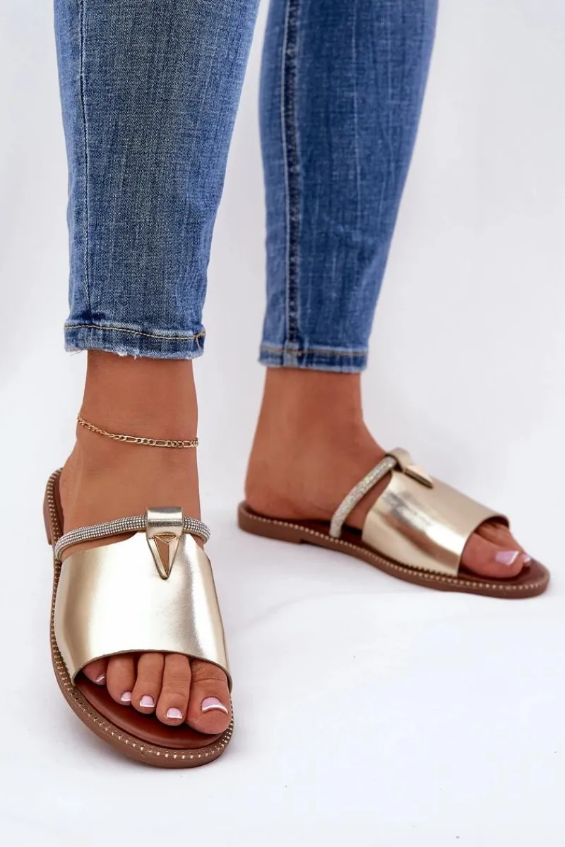 Boto Eko Skórzane Klapki Na Płaskim Obcasie Z Ozdobnym Paseczkiem Złote Hirtewi