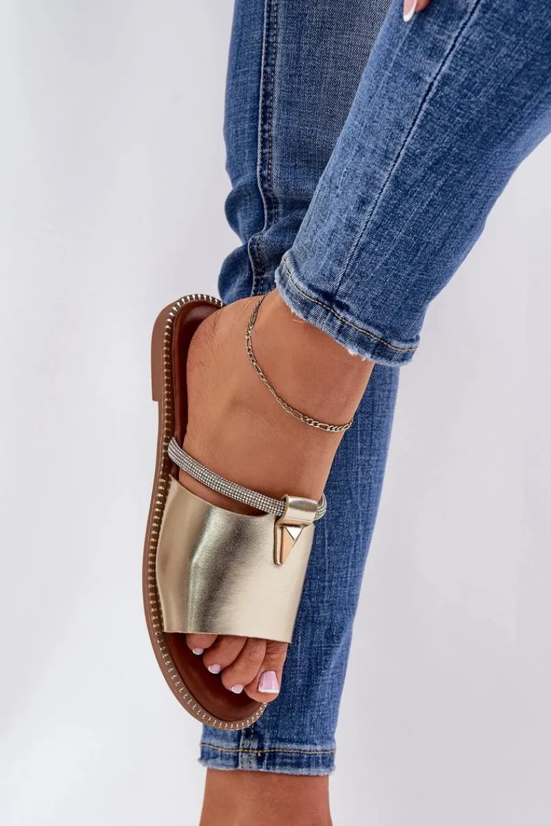 Boto Eko Skórzane Klapki Na Płaskim Obcasie Z Ozdobnym Paseczkiem Złote Hirtewi