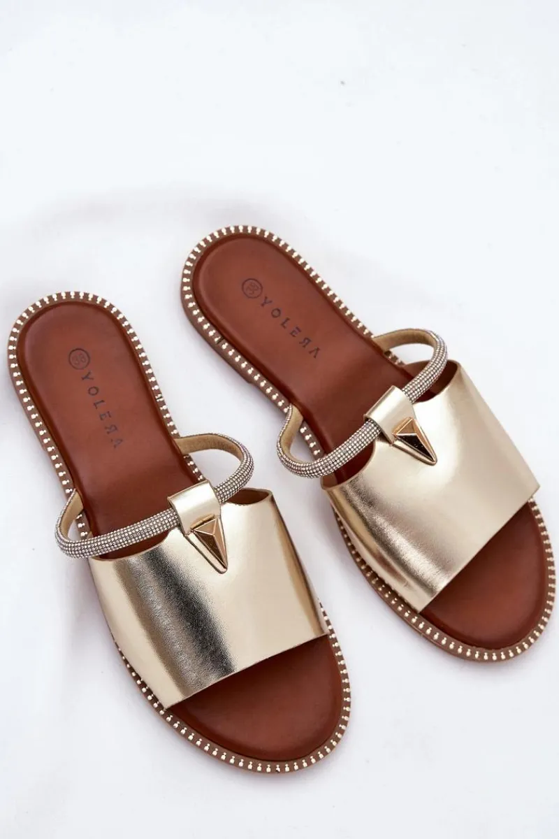 Boto Eko Skórzane Klapki Na Płaskim Obcasie Z Ozdobnym Paseczkiem Złote Hirtewi