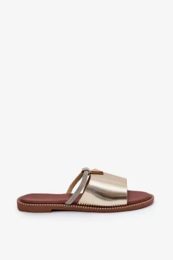 Boto Eko Skórzane Klapki Na Płaskim Obcasie Z Ozdobnym Paseczkiem Złote Hirtewi