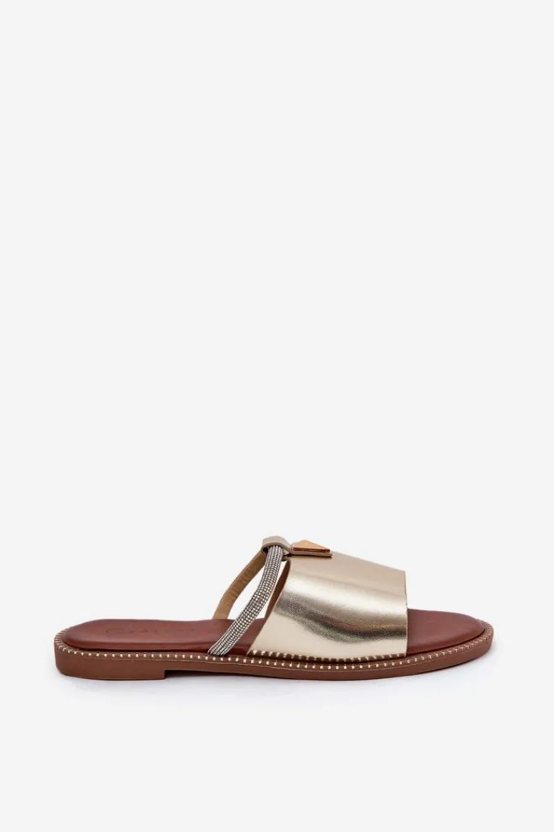 Boto Eko Skórzane Klapki Na Płaskim Obcasie Z Ozdobnym Paseczkiem Złote Hirtewi