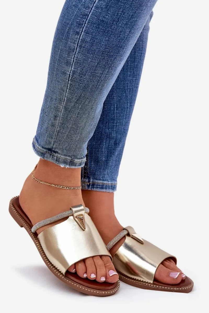 Boto Eko Skórzane Klapki Na Płaskim Obcasie Z Ozdobnym Paseczkiem Złote Hirtewi