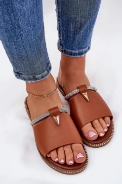 New Boto Eko Skórzane Klapki Na Płaskim Obcasie Z Ozdobnym Paseczkiem Camel Hirtewi