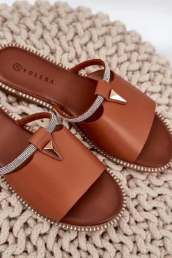 New Boto Eko Skórzane Klapki Na Płaskim Obcasie Z Ozdobnym Paseczkiem Camel Hirtewi