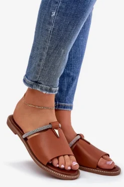 New Boto Eko Skórzane Klapki Na Płaskim Obcasie Z Ozdobnym Paseczkiem Camel Hirtewi