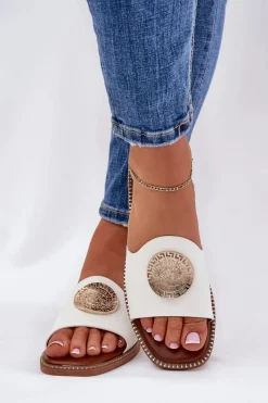 Outlet Eko Skórzane Klapki Na Płaskim Obcasie Z Ozdoba Białe Tatereia Damskie Klapki Damskie Klasyczne