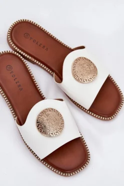 Outlet Eko Skórzane Klapki Na Płaskim Obcasie Z Ozdoba Białe Tatereia Damskie Klapki Damskie Klasyczne