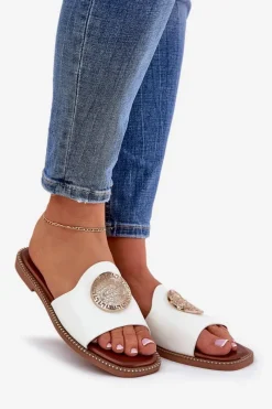 Outlet Eko Skórzane Klapki Na Płaskim Obcasie Z Ozdoba Białe Tatereia Damskie Klapki Damskie Klasyczne