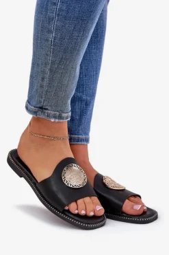Klapki Damskie Klasyczne>Boto Eko Skórzane Klapki Na Płaskim Obcasie Z Ozdoba Czarne Tatereia Czarny