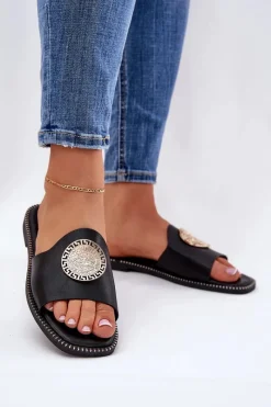 Klapki Damskie Klasyczne>Boto Eko Skórzane Klapki Na Płaskim Obcasie Z Ozdoba Czarne Tatereia Czarny