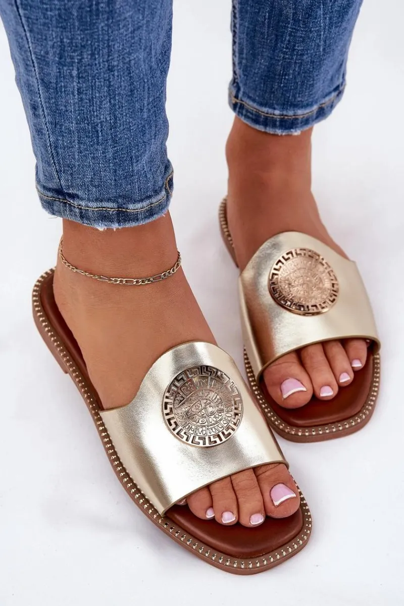 Klapki Damskie Klasyczne>Boto Eko Skórzane Klapki Na Płaskim Obcasie Z Ozdoba Złote Tatereia