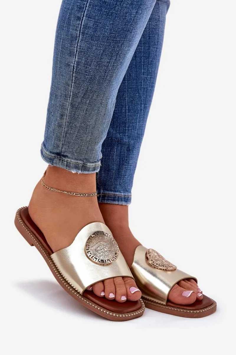 Klapki Damskie Klasyczne>Boto Eko Skórzane Klapki Na Płaskim Obcasie Z Ozdoba Złote Tatereia