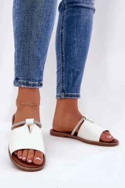 Eko Skórzane Klapki Na Płaskim Obcasie Z Ozdobnym Paseczkiem Białe Hirtewi Damskie Klapki Damskie Klasyczne