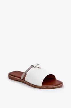 Eko Skórzane Klapki Na Płaskim Obcasie Z Ozdobnym Paseczkiem Białe Hirtewi Damskie Klapki Damskie Klasyczne