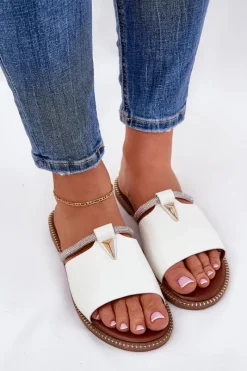 Eko Skórzane Klapki Na Płaskim Obcasie Z Ozdobnym Paseczkiem Białe Hirtewi Damskie Klapki Damskie Klasyczne