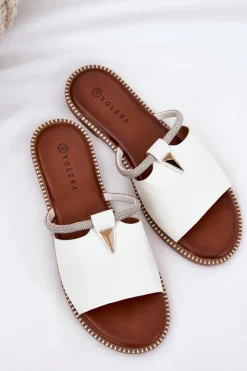 Eko Skórzane Klapki Na Płaskim Obcasie Z Ozdobnym Paseczkiem Białe Hirtewi Damskie Klapki Damskie Klasyczne