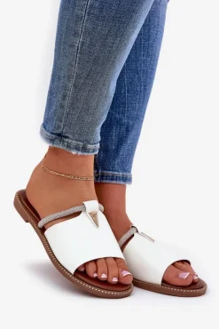 Eko Skórzane Klapki Na Płaskim Obcasie Z Ozdobnym Paseczkiem Białe Hirtewi Damskie Klapki Damskie Klasyczne