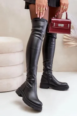 Online Eko Skórzane Kozaki Za Kolano Na Płaskim Obcasie Czarne Santira Damskie Muszkieterki|Kozaki Za Kolano