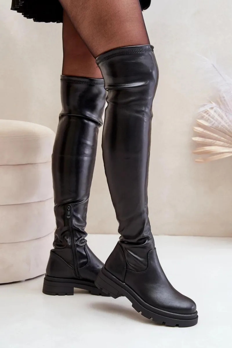 Online Eko Skórzane Kozaki Za Kolano Na Płaskim Obcasie Czarne Santira Damskie Muszkieterki|Kozaki Za Kolano