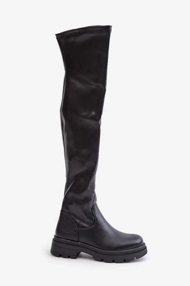 Online Eko Skórzane Kozaki Za Kolano Na Płaskim Obcasie Czarne Santira Damskie Muszkieterki|Kozaki Za Kolano