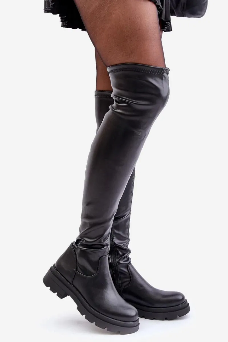 Online Eko Skórzane Kozaki Za Kolano Na Płaskim Obcasie Czarne Santira Damskie Muszkieterki|Kozaki Za Kolano