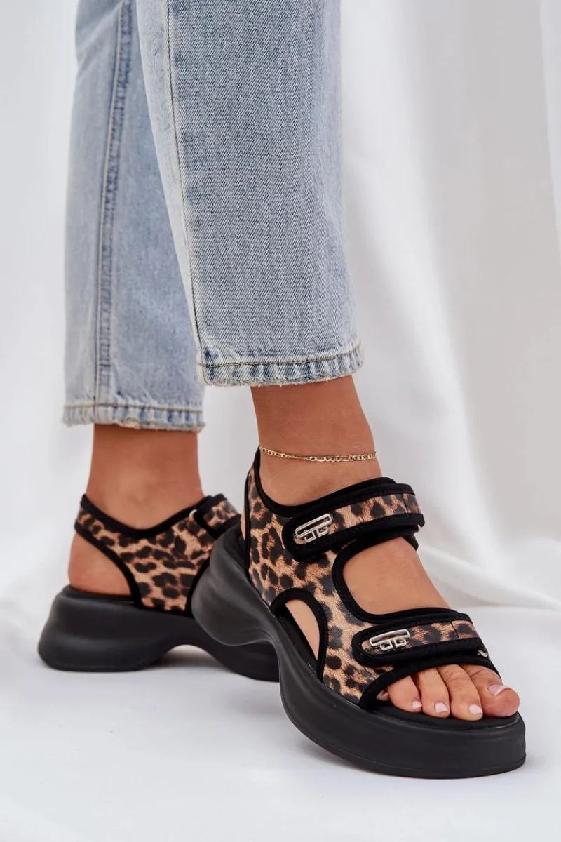 Sandały Płaskie>Boto Eko Skórzane Lekkie Sandały Na Platformie Panterka Brązowe Deniffia Brązowy