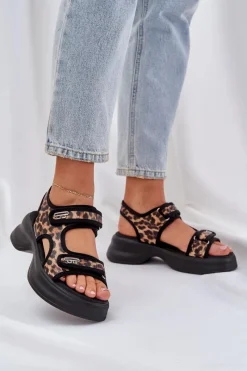 Sandały Płaskie>Boto Eko Skórzane Lekkie Sandały Na Platformie Panterka Brązowe Deniffia Brązowy