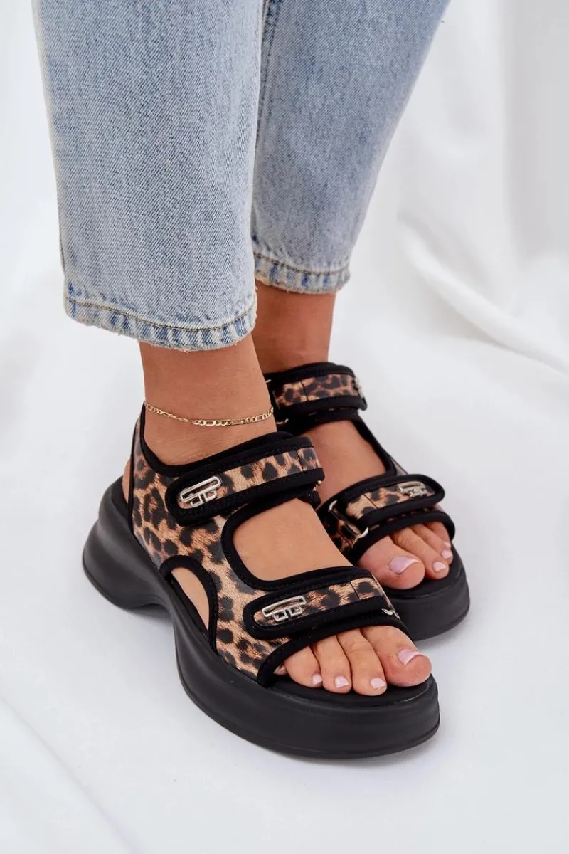 Sandały Płaskie>Boto Eko Skórzane Lekkie Sandały Na Platformie Panterka Brązowe Deniffia Brązowy