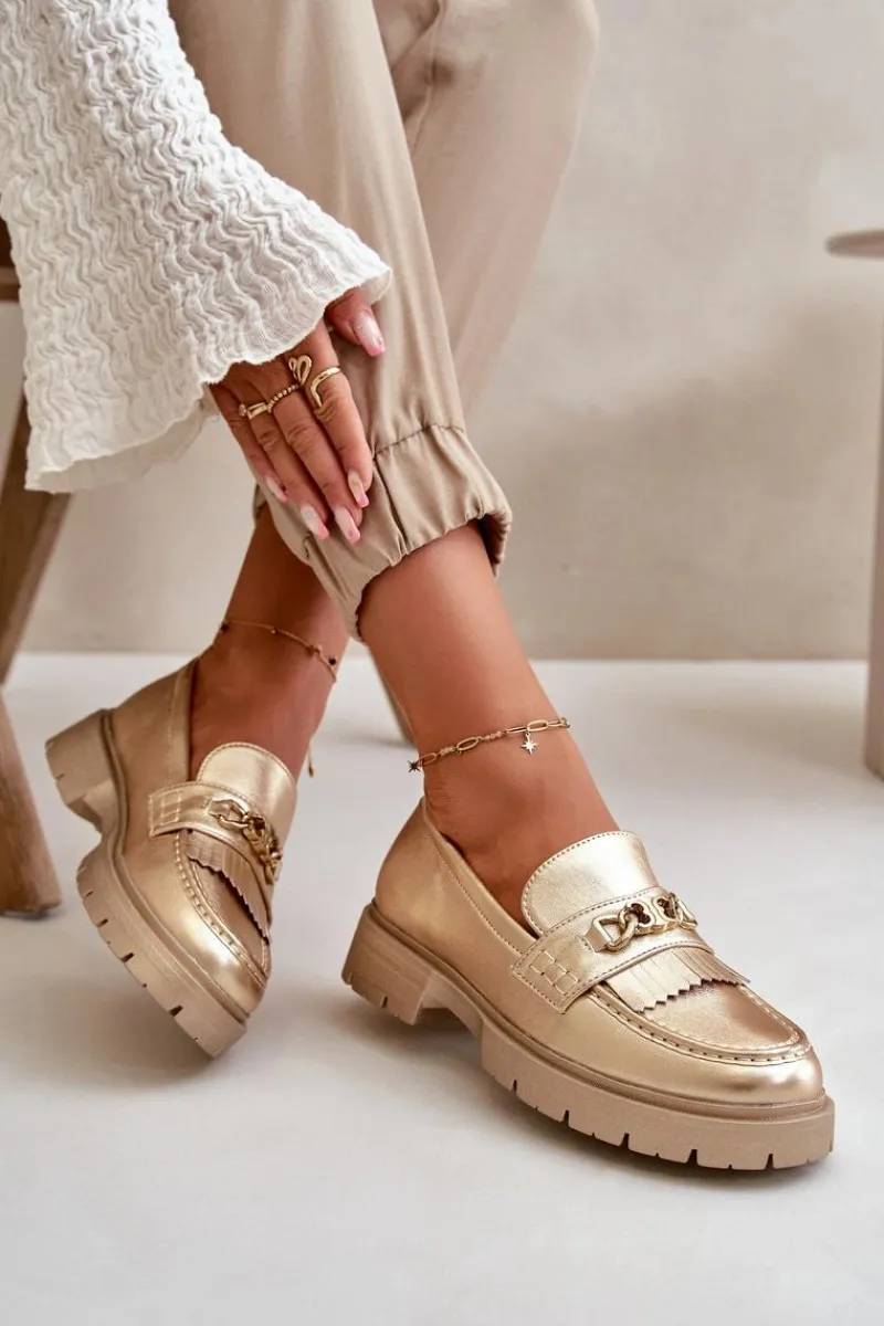 Discount Eko Skórzane Mokasyny Damskie Z Ozdobą Złote Zanita Damskie Mokasyny Damskie Skórzane