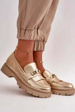 Discount Eko Skórzane Mokasyny Damskie Z Ozdobą Złote Zanita Damskie Mokasyny Damskie Skórzane