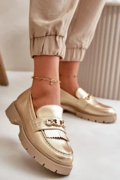 Discount Eko Skórzane Mokasyny Damskie Z Ozdobą Złote Zanita Damskie Mokasyny Damskie Skórzane